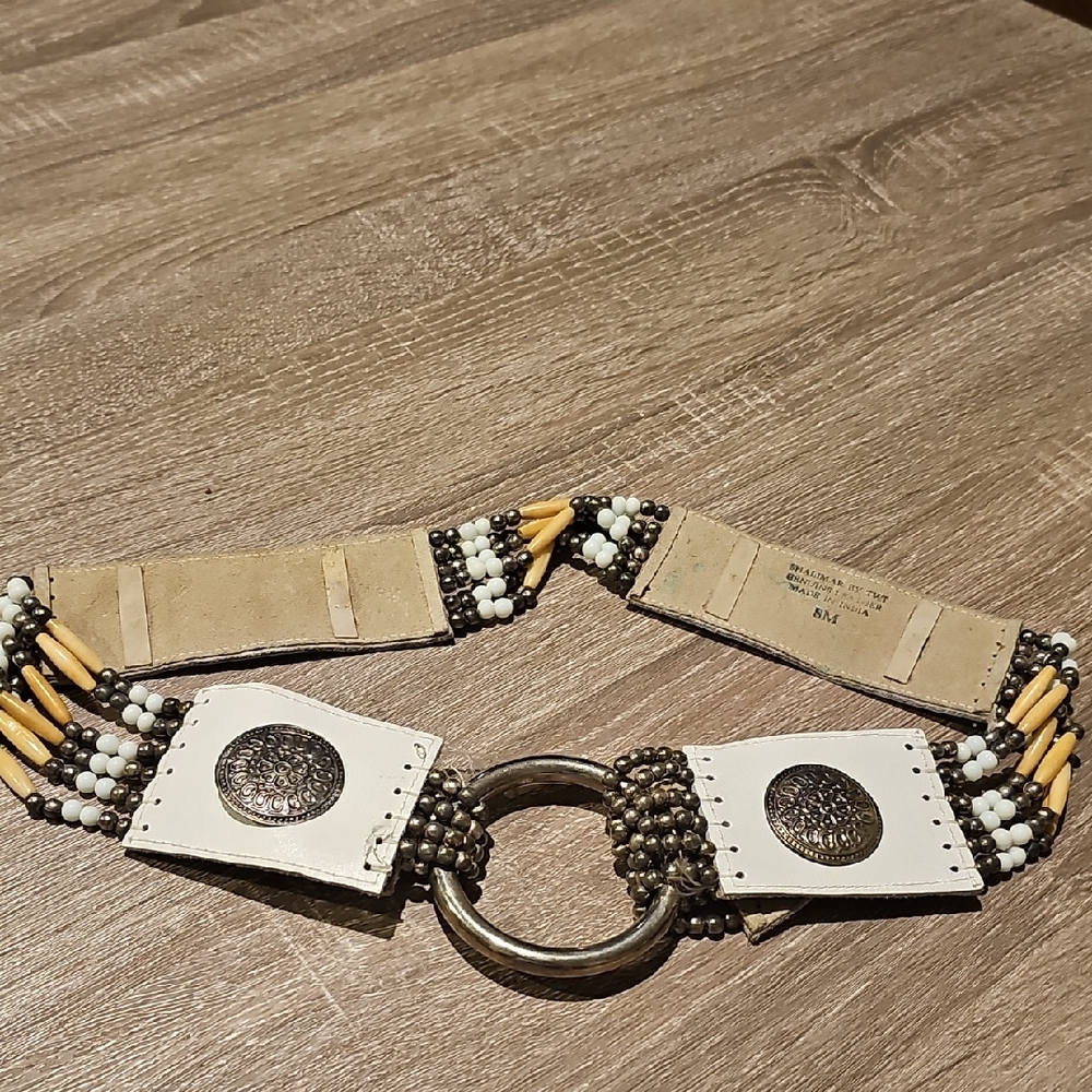 Beaded Ring-Accent Waist Belt - White, Cream & Brown